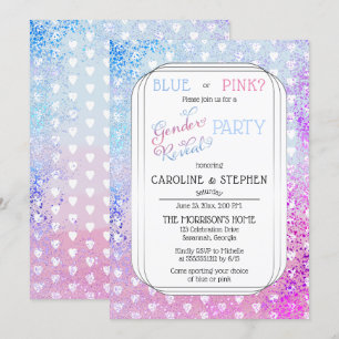 Hearts and Confetti Pink Blue Gender Reveal Party Invitation
