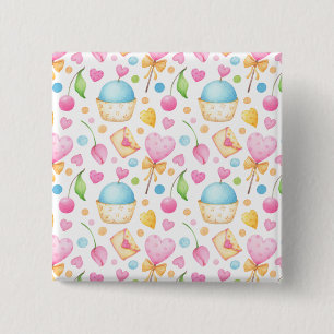 Hearts and Cupcakes Delightful Watercolor Pattern 2 Inch Square Button