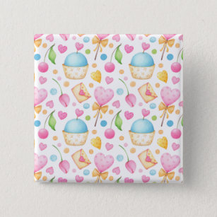 Hearts and Cupcakes Delightful Watercolor Pattern 2 Inch Square Button