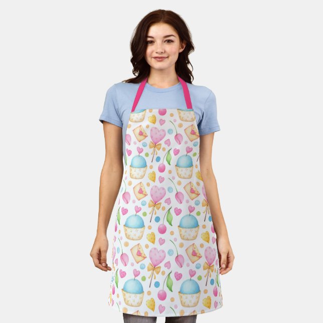 Hearts and Cupcakes Delightful Watercolor Pattern Apron (Worn)
