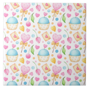 Hearts and Cupcakes Delightful Watercolor Pattern Tile