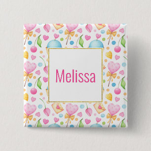 Hearts and Cupcakes Sweet Watercolor Pattern 2 Inch Square Button