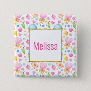 Hearts and Cupcakes Sweet Watercolor Pattern 2 Inch Square Button