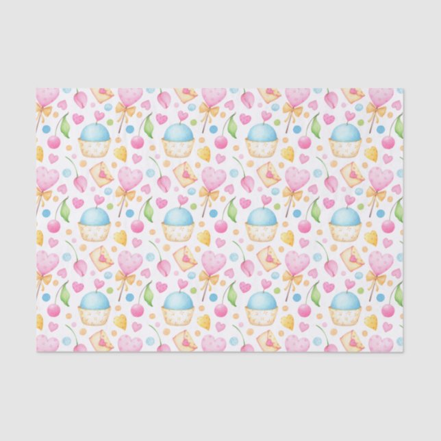 Hearts and Cupcakes Sweet Watercolor Pattern Tissue Paper (Front)