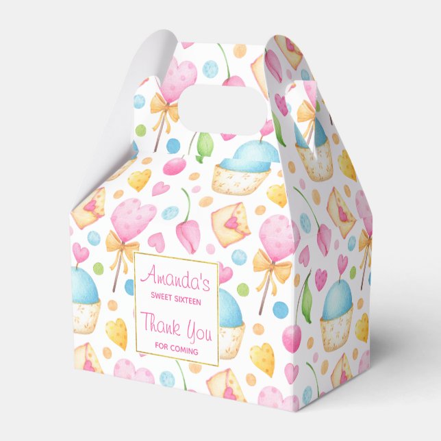 Hearts and Cupcakes Watercolor Pattern Birthday Favor Box (Front Side)