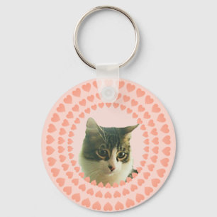 Hearts and Custom Tabby Cat Photo Keychain
