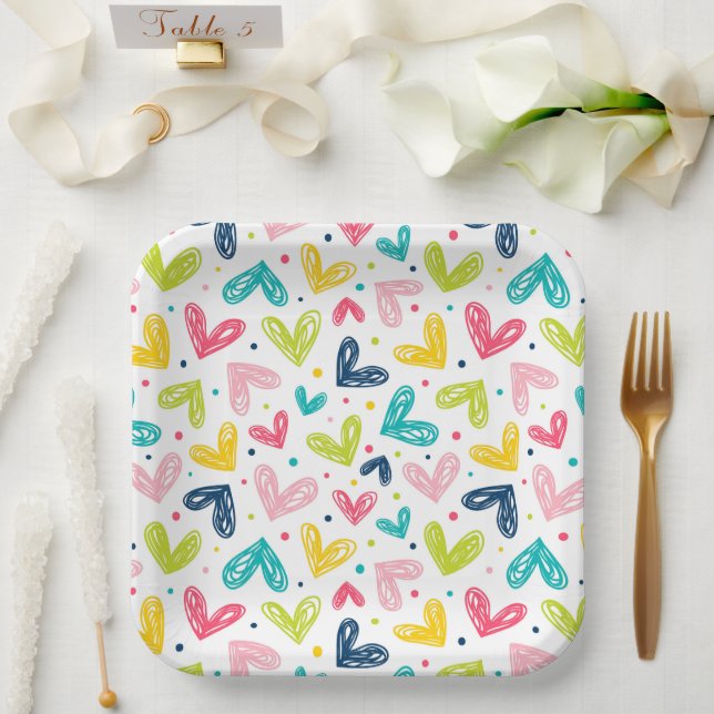  Hearts and dots in doodle style Paper Plate (Wedding)