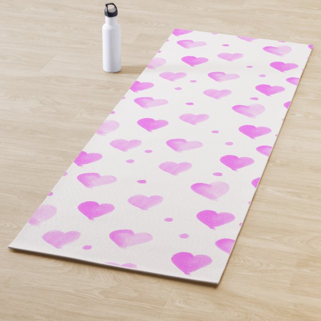 Hearts and Dots Pattern Pink Watercolor Yoga Mat (In Situ)