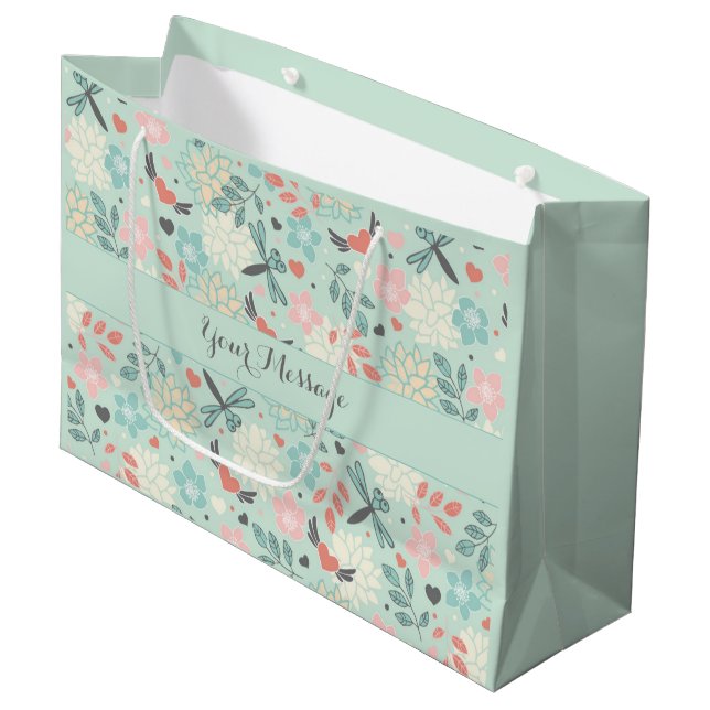 Hearts and Dragonflies Pretty Floral Large Gift Bag (Front Angled)