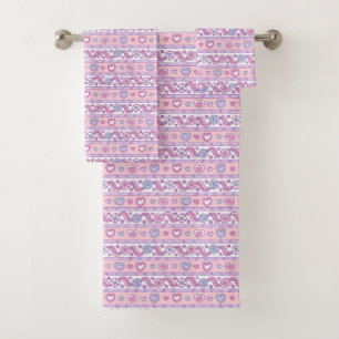 Hearts and flower doodle pattern pink purple bath towel set