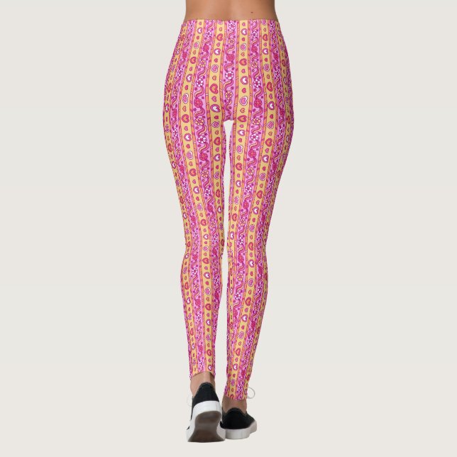 Hearts and flower striped pattern pink yellow leggings (Back)