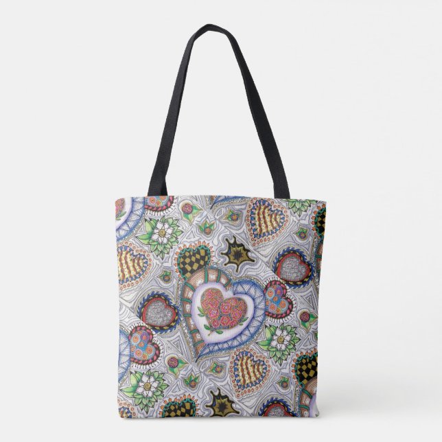 Hearts and Flowers, all over pattern Tote (Back)