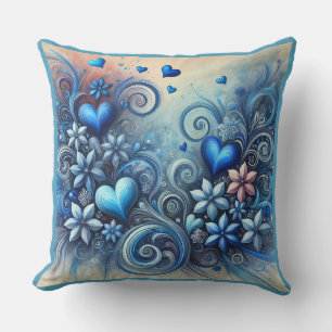 Hearts and Flowers Blues Throw Pillow