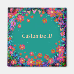Hearts and Flowers Customized Whimsical Pretty Magnet