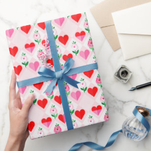 Hearts and Flowers on Diamonds Valentine Wrapping Paper