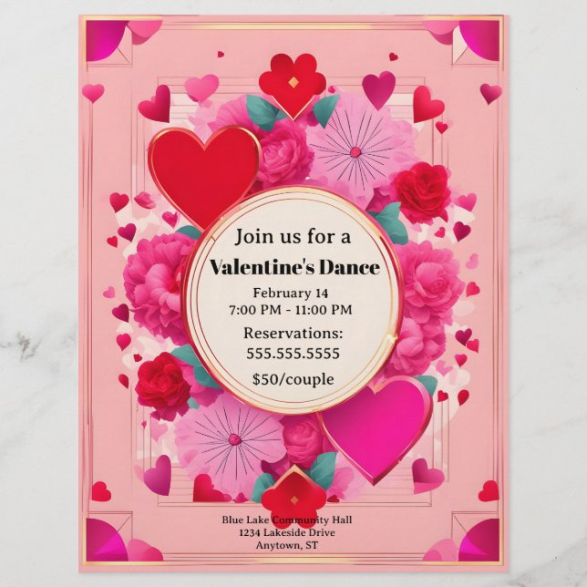 Hearts and Flowers on Pink Valentine's Day Dance Letterhead (Front)