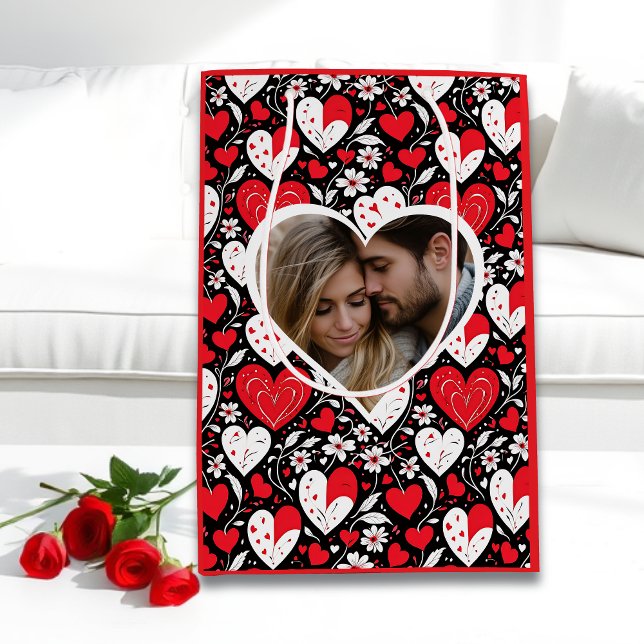 Hearts and Flowers Personalized Photo Valentine's  Medium Gift Bag (Creator Uploaded)