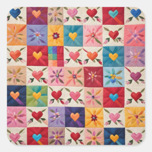 Hearts and flowers quilt square sticker