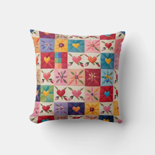 Hearts and flowers quilt throw pillow