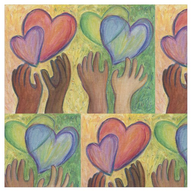 Hearts and Hands Love Art Fabric Material (Close Up)