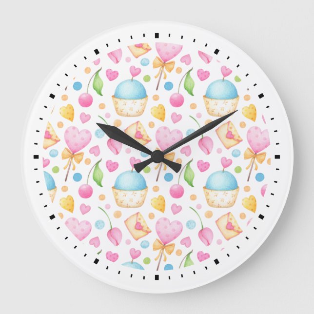 Hearts and Love Delightful Watercolor Pattern Large Clock (Front)