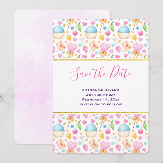 Hearts and Love Delightful Watercolor Pattern Save The Date (Front/Back)