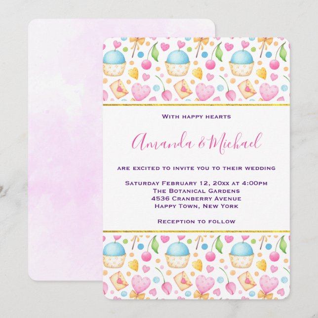 Hearts and Love Watercolor Pattern Wedding Invitation (Front/Back)