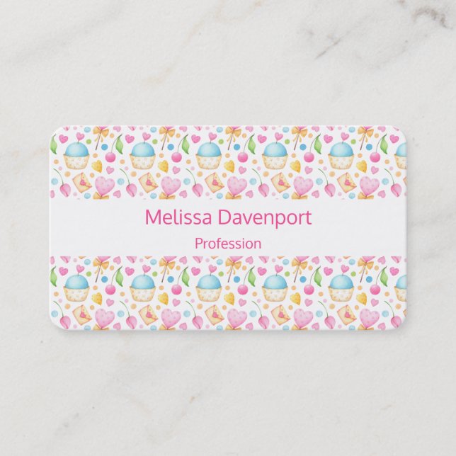 Hearts and Muffins Delightful Watercolor Pattern Business Card (Front)
