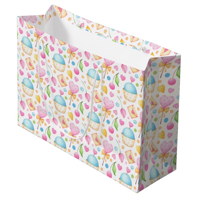 Hearts and Muffins Delightful Watercolor Pattern Large Gift Bag (Front Angled)