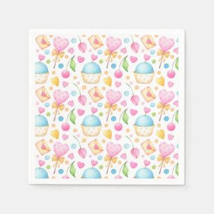 Hearts and Muffins Delightful Watercolor Pattern Napkin