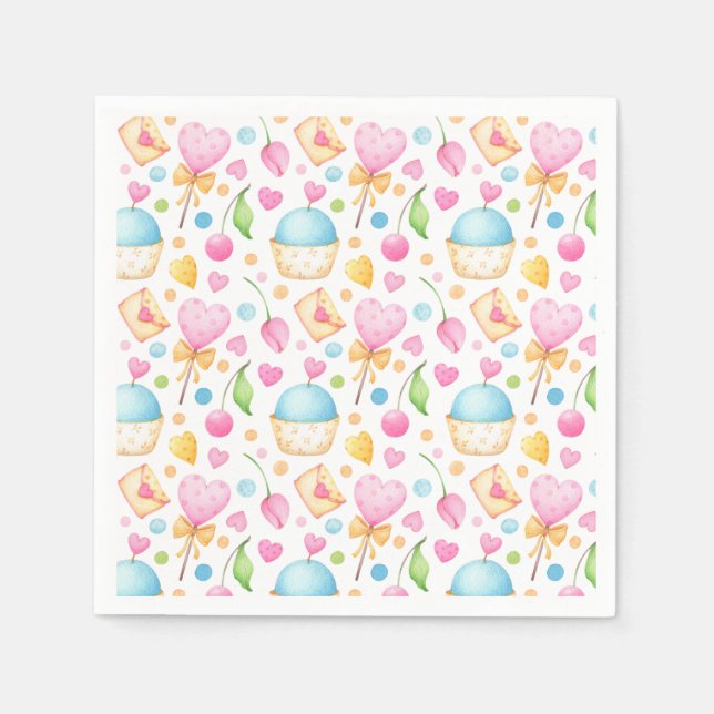 Hearts and Muffins Delightful Watercolor Pattern Napkin (Front)