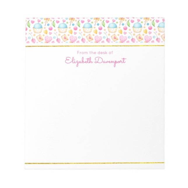 Hearts and Muffins Delightful Watercolor Pattern Notepad (Front)