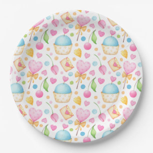Hearts and Muffins Delightful Watercolor Pattern Paper Plate