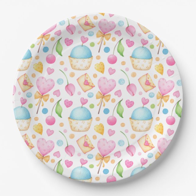 Hearts and Muffins Delightful Watercolor Pattern Paper Plate (Front)