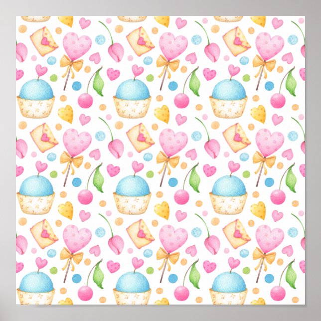 Hearts and Muffins Delightful Watercolor Pattern Poster (Front)
