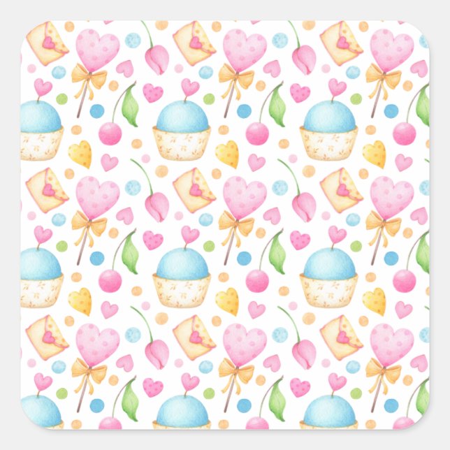Hearts and Muffins Delightful Watercolor Pattern Square Sticker (Front)