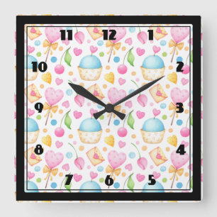 Hearts and Muffins Delightful Watercolor Pattern Square Wall Clock