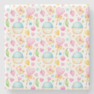 Hearts and Muffins Delightful Watercolor Pattern Stone Coaster