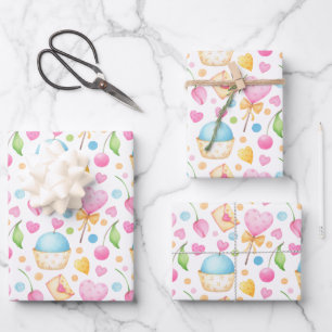 Hearts and Muffins Delightful Watercolor Pattern Wrapping Paper Sheet