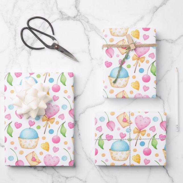 Hearts and Muffins Delightful Watercolor Pattern Wrapping Paper Sheet (Front)