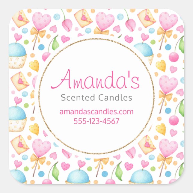 Hearts and Muffins Pastel Watercolor Business Square Sticker (Front)