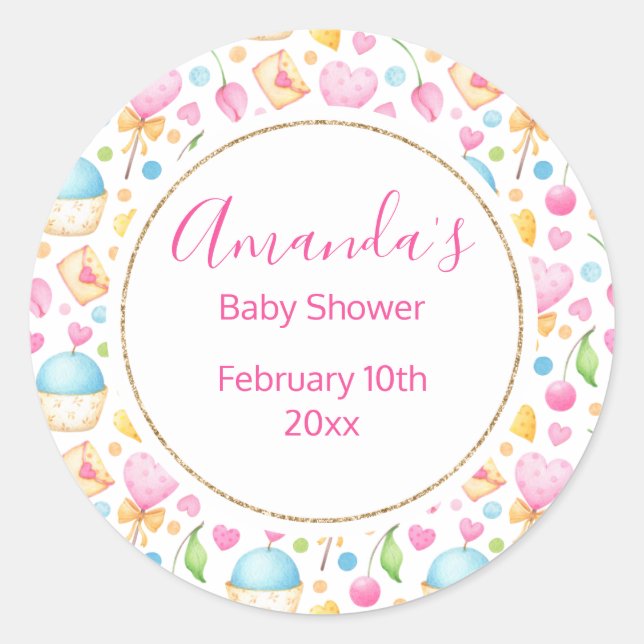 Hearts and Muffins Watercolor Pattern Party Classic Round Sticker (Front)