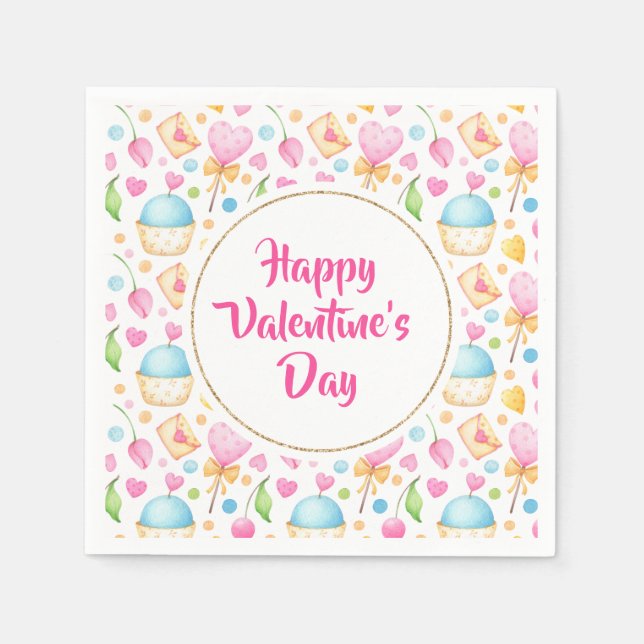 Hearts and Muffins Watercolor Pattern Valentine's Napkin (Front)