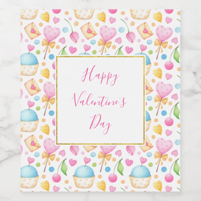 Hearts and Muffins Watercolor Pattern Valentine's Wine Label (Single Label)