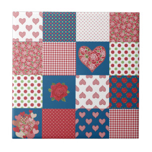 Hearts and Roses Faux Patchwork Ceramic Tile