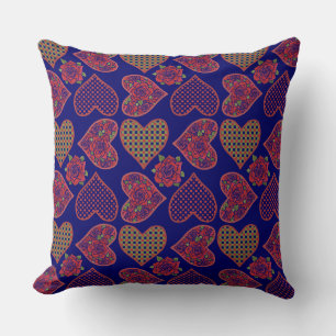 Hearts and Roses Pattern on Deep Blue Throw Pillow