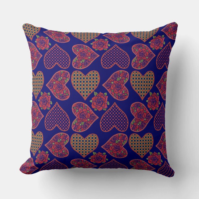 Hearts and Roses Pattern on Deep Blue Throw Pillow (Front)