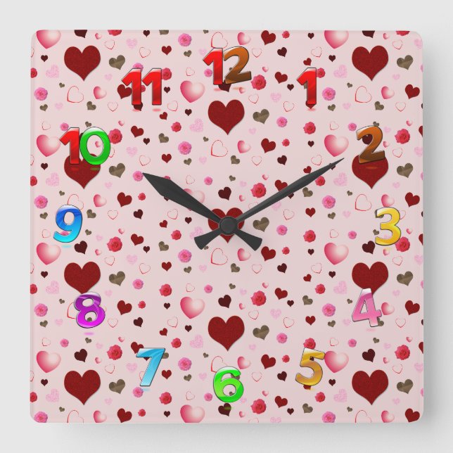 Hearts and Roses Square Wall Clock (Front)