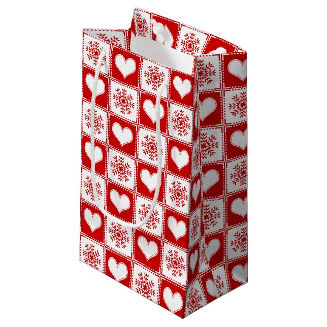 Hearts and Snowflakes Christmas Pattern Small Gift Bag (Front Angled)