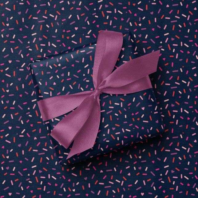 Hearts and sprinkles navy pink Valentine's Day Wrapping Paper (Creator Uploaded)